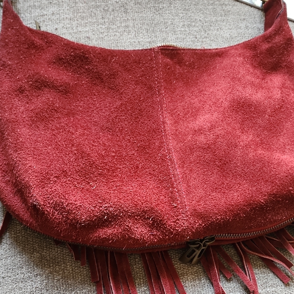 Italian Made Red Suede Leather Boho Fringe Hobo Bag | Beaded Tassels - Picture 14 of 16
